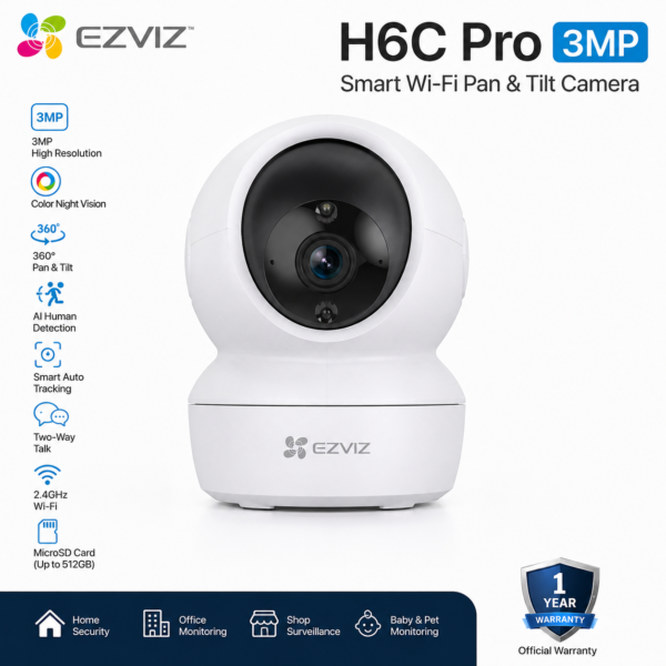 EZVIZ H6C Pro 3MP Smart Wi-Fi Indoor Security Camera with Color Night Vision & Auto Tracking