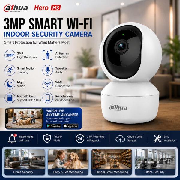 Dahua Hero H3 3MP Smart Wi-Fi Indoor Security Camera with AI Human Detection & Two-Way Audio
